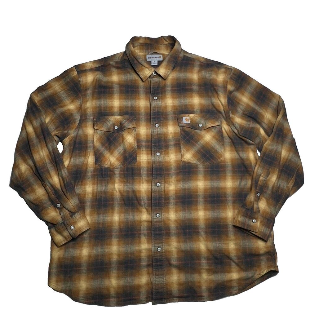 Carhartt Men's Brown Plaid Relaxed Fit Long Sleeve Pearl Snap Shirt Sz XL